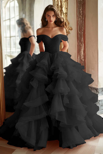 Black Princess Off The Shoulder Tiered Ruffled Long Prom Dress